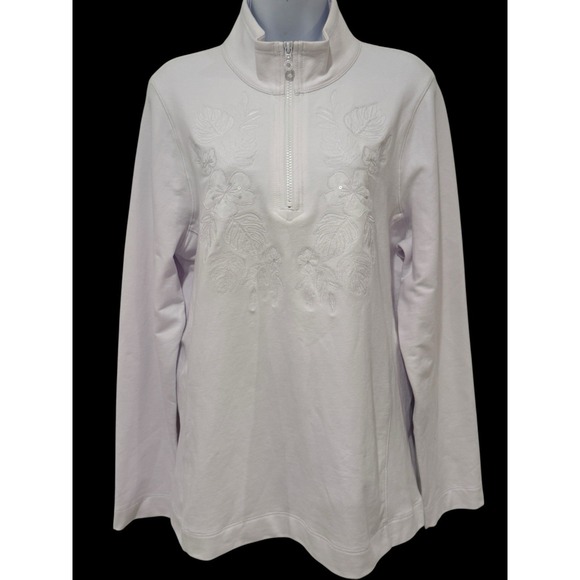 Tommy Bahama Women Pullover XL White 1/2 Zip Embroidered Floral Sequins Cotton - Picture 5 of 11